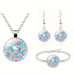 YES 💲4⃣▶▶Hello Kitty Floral 3 PIECE Necklace - earring AN BRACELET SET